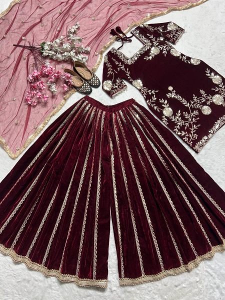 Latest Winter Viscos  Velvet Sharara set with Heavy Embroidery work Ready To Wear Collection