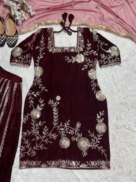 Latest Winter Viscos  Velvet Sharara set with Heavy Embroidery work Ready To Wear Collection