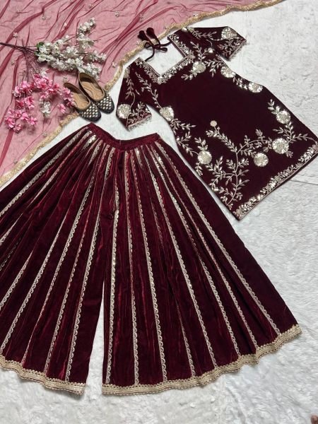 Latest Winter Viscos  Velvet Sharara set with Heavy Embroidery work Ready To Wear Collection