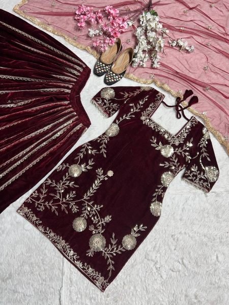 Latest Winter Viscos  Velvet Sharara set with Heavy Embroidery work Ready To Wear Collection