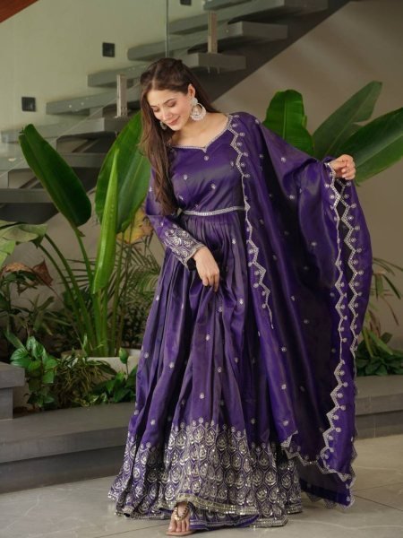 Shimmer Silk Purple Pink Gown Set with Dupatta Indian Ethnic Party Dress Kurtis