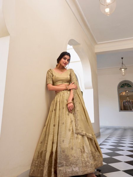 Shocking Cream Thread Embroidery Wedding Lehenga Choli With Dupatta 