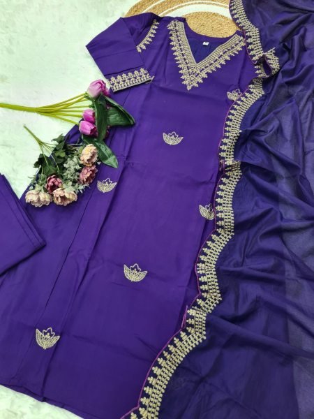 Shop  Latest Embroidered Viscose Chanderi Suit – Kurti, Pant & Dupatta Set  3 Piece Kurti Set