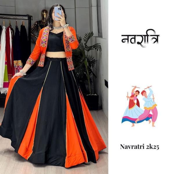 Showstopper Black And Orange Color Rayon Cotton Readymade Lehenga Choli with 6 Meter Flair and Koti At Manufacturer Price Navratri Lehnega Choli