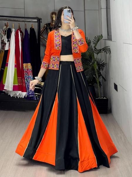 Showstopper Black And Orange Color Rayon Cotton Readymade Lehenga Choli with 6 Meter Flair and Koti At Manufacturer Price Navratri Lehnega Choli