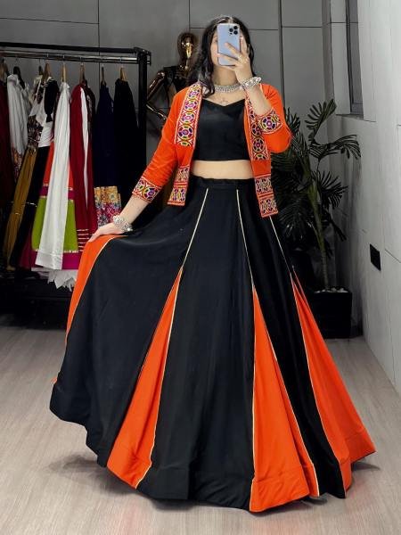 Showstopper Black And Orange Color Rayon Cotton Readymade Lehenga Choli with 6 Meter Flair and Koti At Manufacturer Price Navratri Lehnega Choli