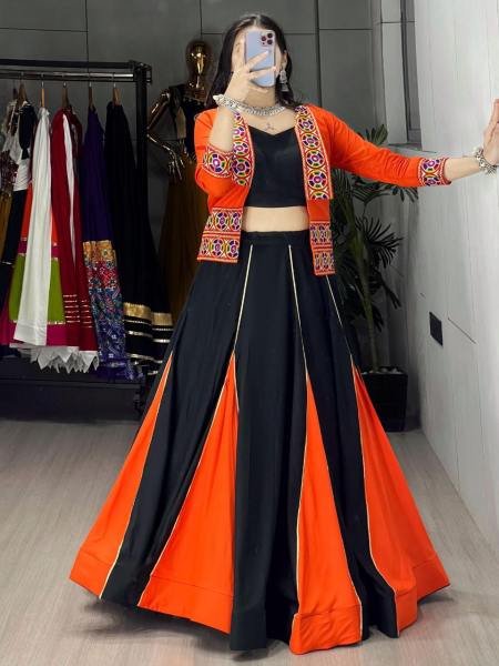 Showstopper Black And Orange Color Rayon Cotton Readymade Lehenga Choli with 6 Meter Flair and Koti At Manufacturer Price Navratri Lehnega Choli