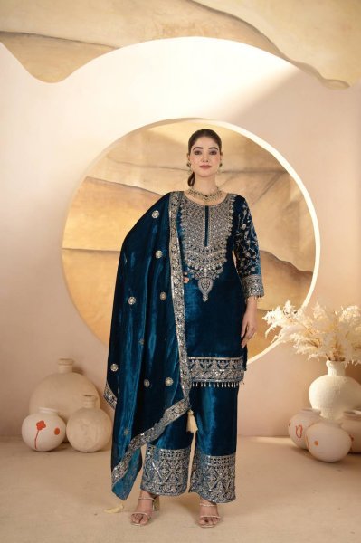 Showstopper Blue Viscose Velvet Coding Embroidery   Sequence Work Suit Full Sleeves   Lace Border Dupatta Perfect for Winter Party Wear Ready To Wear Collection
