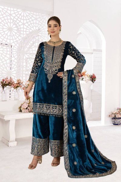Showstopper Blue Viscose Velvet Coding Embroidery   Sequence Work Suit Full Sleeves   Lace Border Dupatta Perfect for Winter Party Wear Ready To Wear Collection