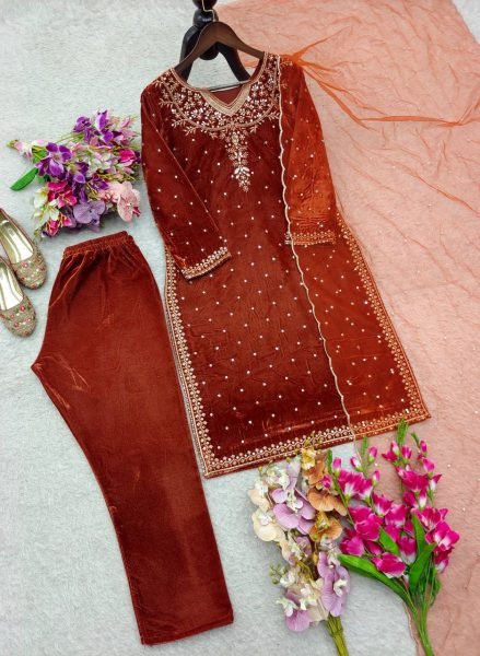 Signature Viscose Velvet Sequins Embroidered Suit with Patiala Bottom   Soft Net Dupatta for Wedding Functions Embroidery Kurtis 