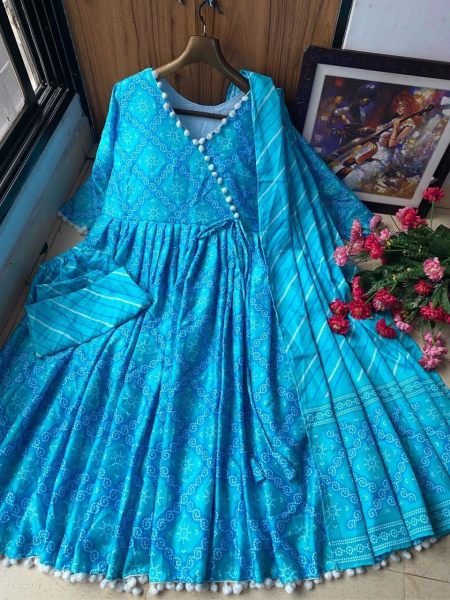 Sky Angrakha Style Silk Gown Pant With Dupatta Ready To Wear Collection