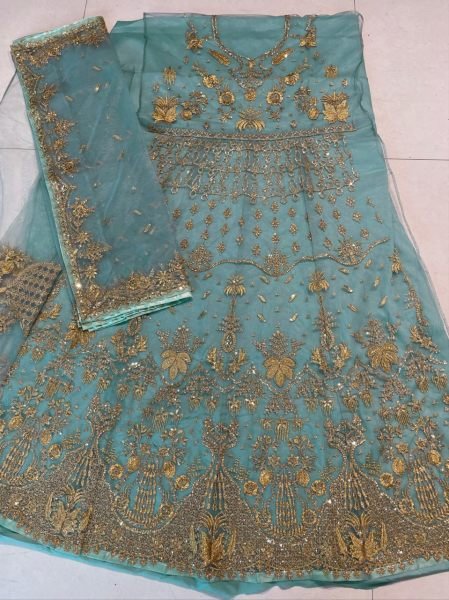 Sky Blue Butterfly Net Bridal Gown with Stone Work Dupatta for Wedding Wedding Bridal Dress Wholesale