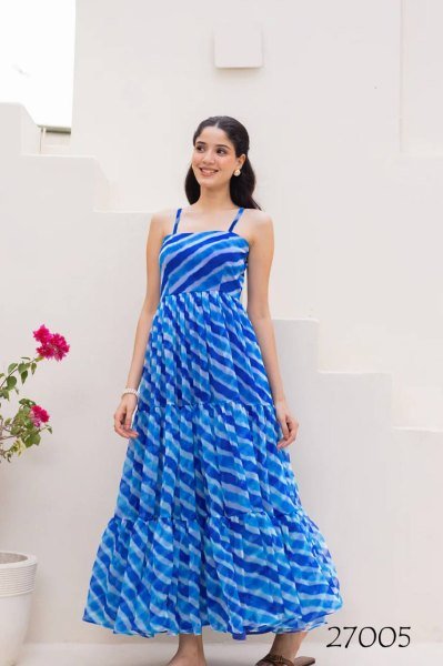 Sky Blue Digital Printed Long Dress Vacation Special Gown Georgette Kurti 
