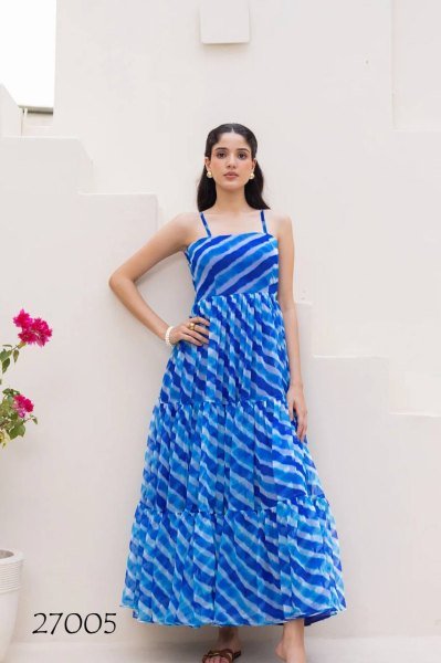 Sky Blue Digital Printed Long Dress Vacation Special Gown Georgette Kurti 