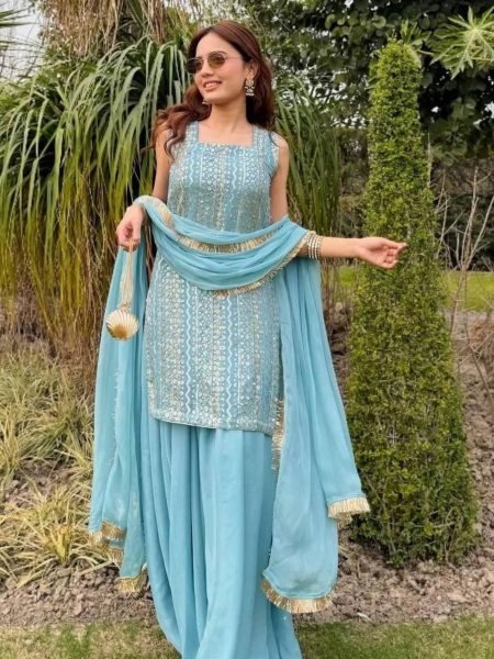 Sky Blue Georgette Embroidered Suit with Flared Palazzo and Dupatta at Low Price Ready To Wear Suit