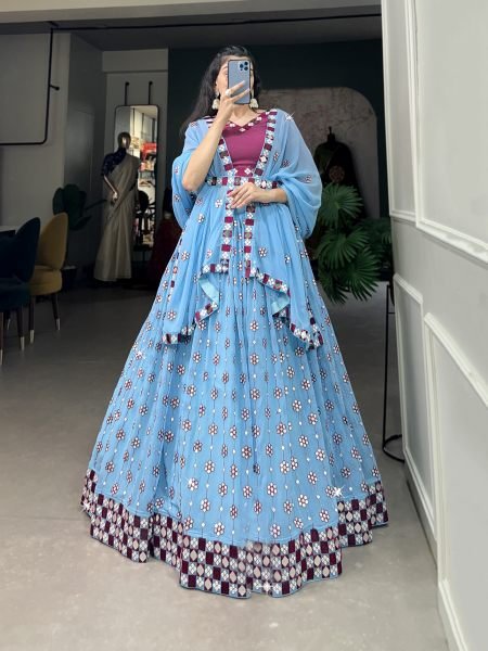 Sky Blue Georgette Sequins Original Mirror Work Designer Lehenga Choli Set Designer Lehenga Choli
