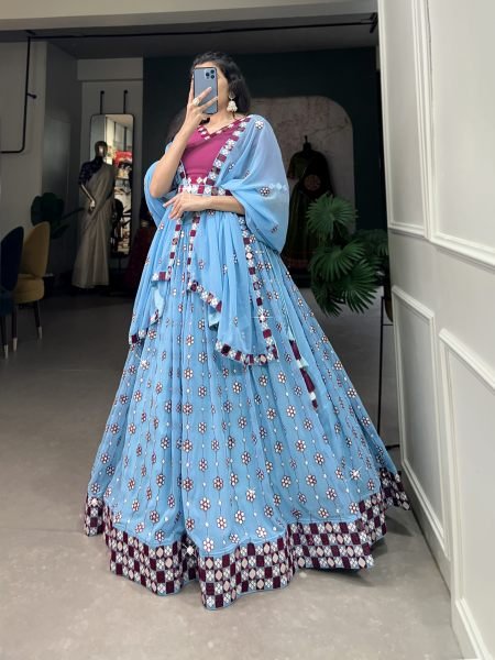 Sky Blue Georgette Sequins Original Mirror Work Designer Lehenga Choli Set Designer Lehenga Choli