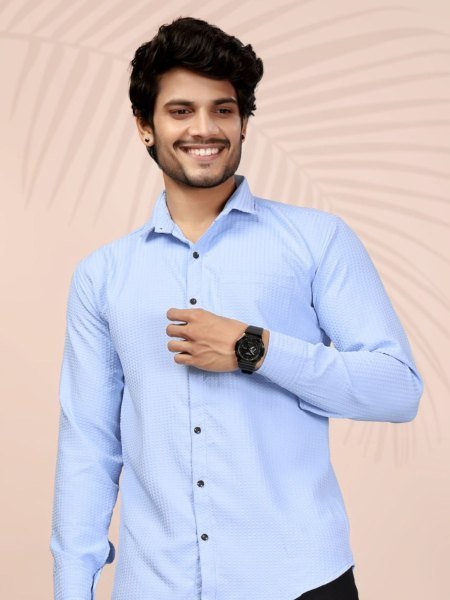 Sky Blue Popcorn Shirt for Men Summer Casual Essential Mens Wear