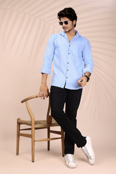 Sky Blue Popcorn Shirt for Men Summer Casual Essential Mens Shirt