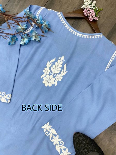 Sky Blue Rayon Casual Wear Lucknowi Work Kurti With Palazzo Lucknowi Chikankari Kurtis Wholesale