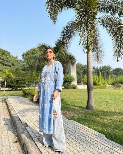 Sky Blue Rayon Casual Wear Lucknowi Work Kurti With Palazzo Lucknowi Chikankari Kurtis Wholesale