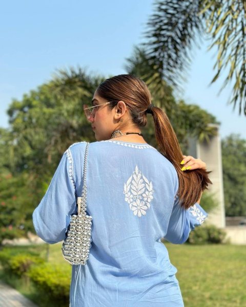 Sky Blue Rayon Casual Wear Lucknowi Work Kurti With Palazzo Lucknowi Chikankari Kurtis Wholesale