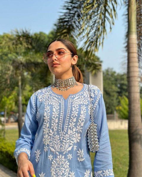 Sky Blue Rayon Casual Wear Lucknowi Work Kurti With Palazzo Lucknowi Chikankari Kurtis Wholesale