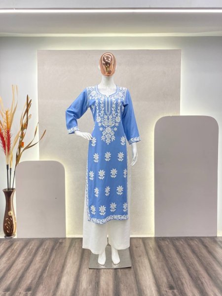 Sky Blue Rayon Casual Wear Lucknowi Work Kurti With Palazzo Lucknowi Chikankari Kurtis Wholesale