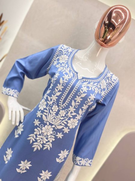 Sky Blue Rayon Casual Wear Lucknowi Work Kurti With Palazzo Lucknowi Chikankari Kurtis Wholesale