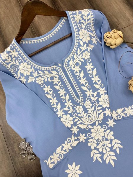 Sky Blue Rayon Casual Wear Lucknowi Work Kurti With Palazzo Lucknowi Chikankari Kurtis Wholesale