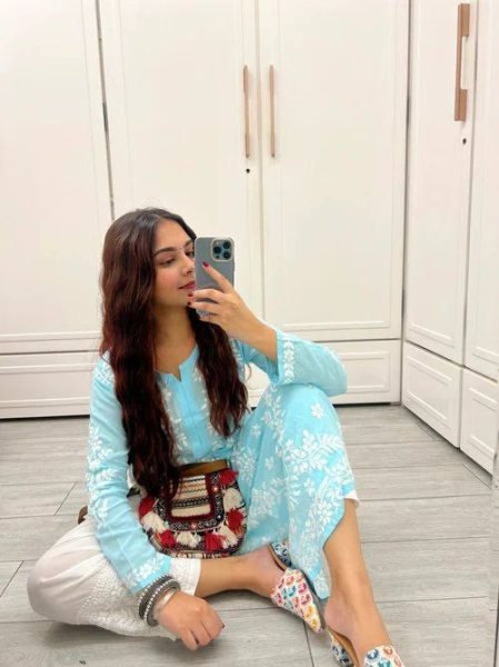 Sky Blue Rayon Cotton Chikankari Kurta With Pant Set 3 Piece Kurti Set
