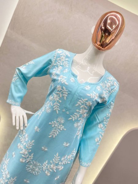 Sky Blue Rayon Cotton Chikankari Kurta With Pant Set 3 Piece Kurti Set