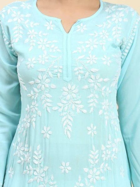 Sky Blue Rayon Cotton Chikankari Kurta With Pant Set 3 Piece Kurti Set