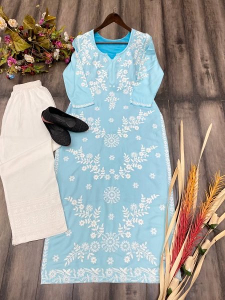 Sky Blue Rayon Cotton Chikankari Kurta With Pant Set 3 Piece Kurti Set