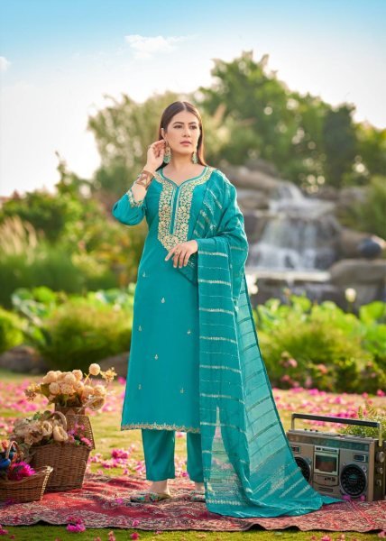 Sky Blue Roman Simmer Embroidered Kurti Pant with Weaving Dupatta  3 Piece Kurti Set