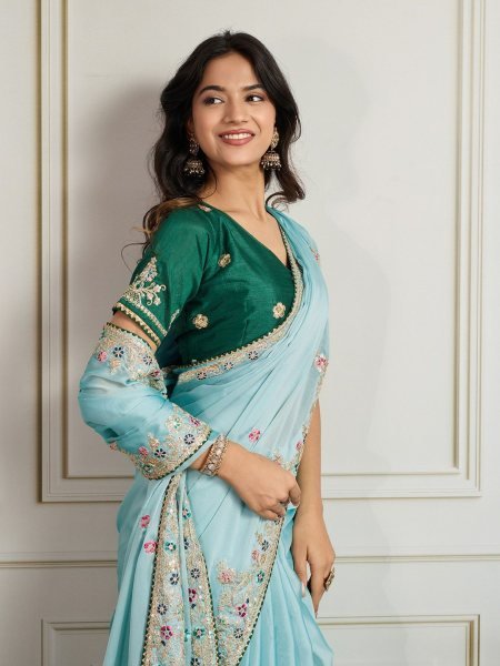 Sky Blue Soft Rangoli Silk Saree with C Pallu Embroidery Partywear Set Sarees 