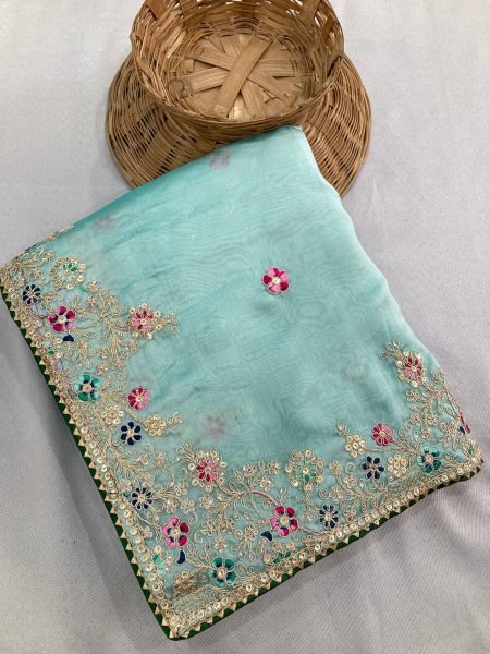 Sky Blue Soft Rangoli Silk Saree with C Pallu Embroidery Partywear Set Embroidery Sarees Wholesale