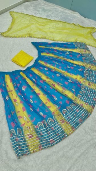 Sky Blue &  Yellow Haldi Function Wedding Lehenga Choli Set Georgette Digital Print with Real Mirror Work Dupatta Best Seller  Designer Lehenga Choli