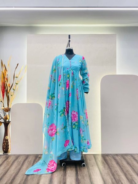 Sky Georgette Printed Gown Pant And Dupatta 3 Piece Kurti Set