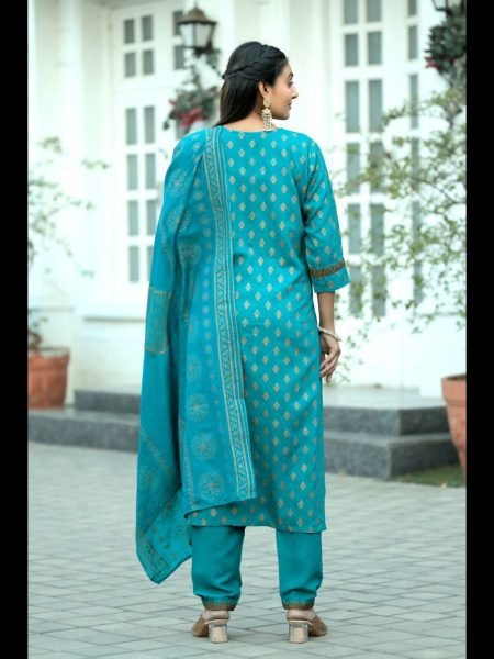 Skyblue Color Reyon print with Embrodery Work kurti Set 3 Piece Kurti Set