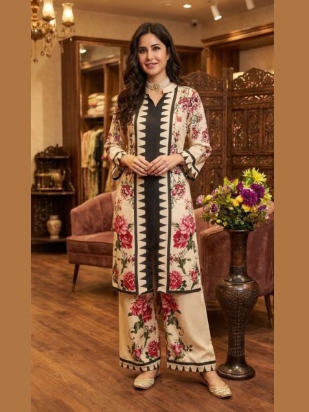 Smart Casual Cream Digital Print Co ord Set for Women Wear at Wholesale Rate CO ORD Sets