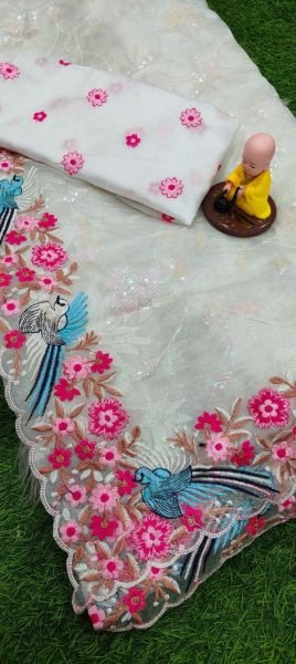  Snow Aura White Organza Silk Saree with Sequin Embroidery & Designer Arc Border Organza Sarees Wholesale