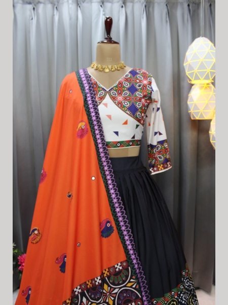 Soft Butter Silk With  Real Mirror Work Lehenga Choli  Navratri Lehnega Choli
