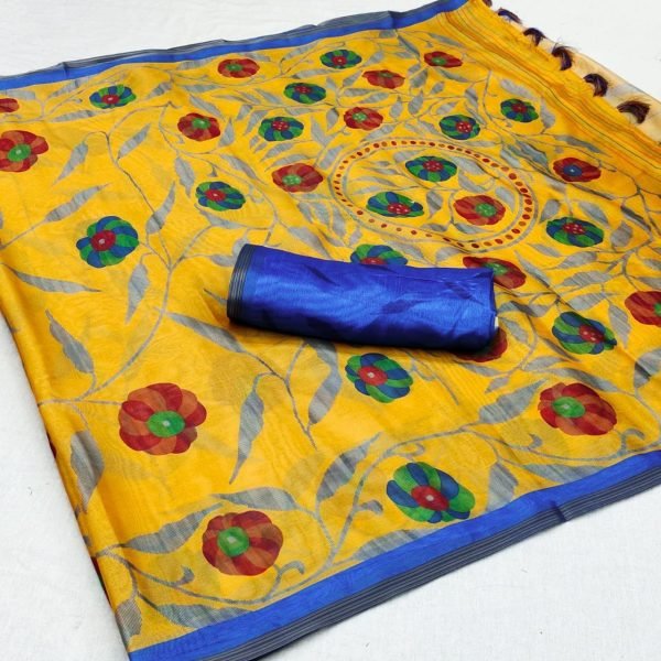  SOFT COTTON FLORAL PRINTED ZARI WEAVING BORDER SAREE Cotton Sarees Wholesale