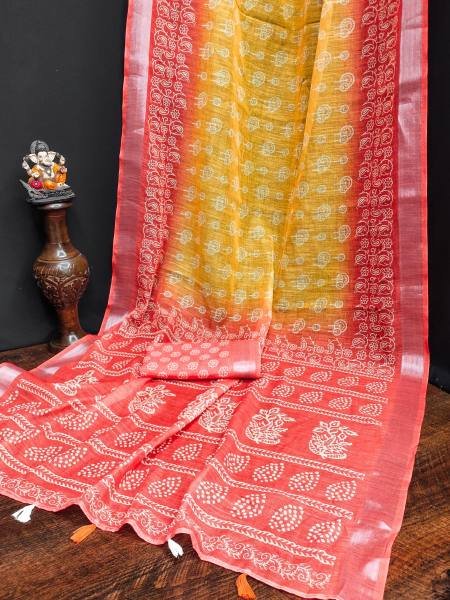 Soft Linen Cotton Silk Saree with Digital Batik Print   Woven Silver Border Sarees 