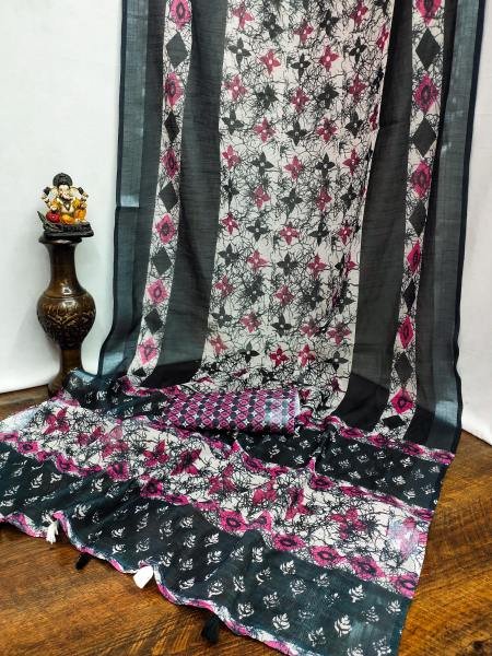 Soft Linen Cotton Silk Saree with Digital Batik Print   Woven Silver Border Cotton Sarees Wholesale