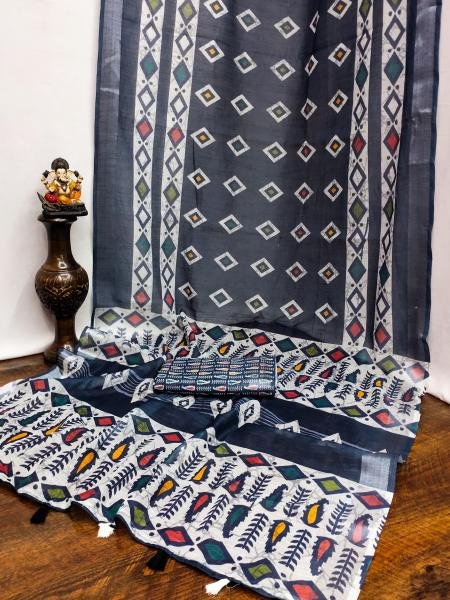 Soft Linen Cotton Silk Saree with Digital Batik Print   Woven Silver Border Cotton Sarees Wholesale