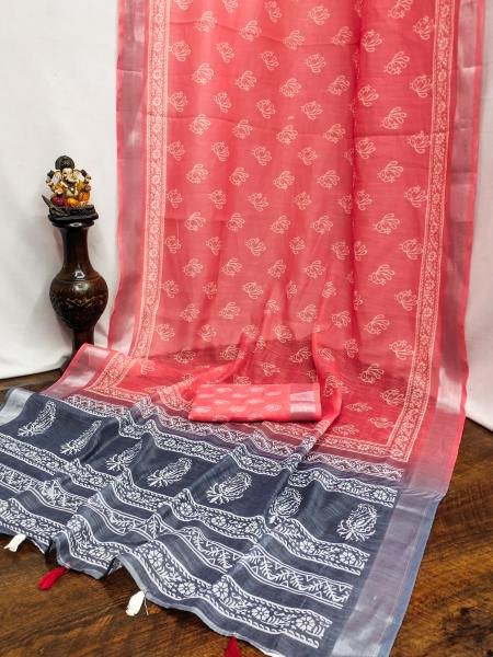 Soft Linen Cotton Silk Saree with Digital Batik Print   Woven Silver Border Cotton Sarees Wholesale