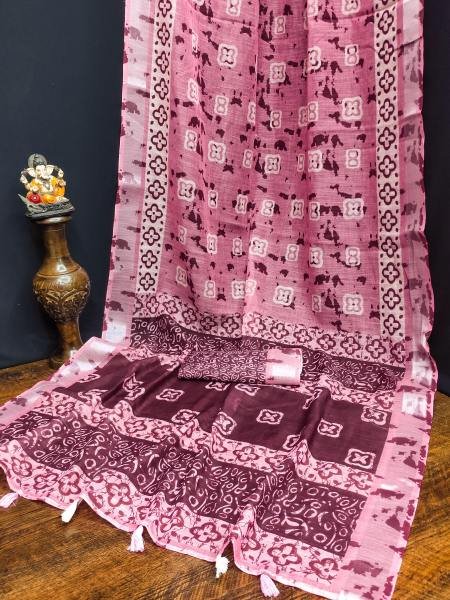 Soft Linen Cotton Silk Saree with Digital Batik Print   Woven Silver Border Cotton Sarees Wholesale