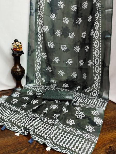 Soft Linen Cotton Silk Saree with Digital Batik Print   Woven Silver Border Cotton Sarees Wholesale